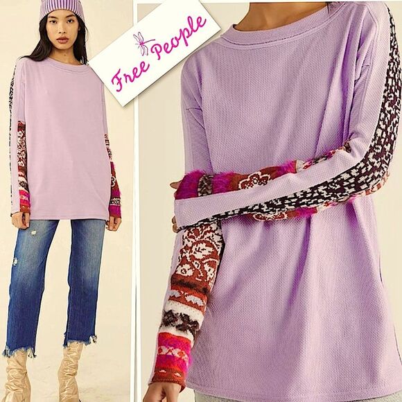 Free People Tops - Free People womens On My Way Cuff Cotton Mixed-print Thermal Top In Petal Size S